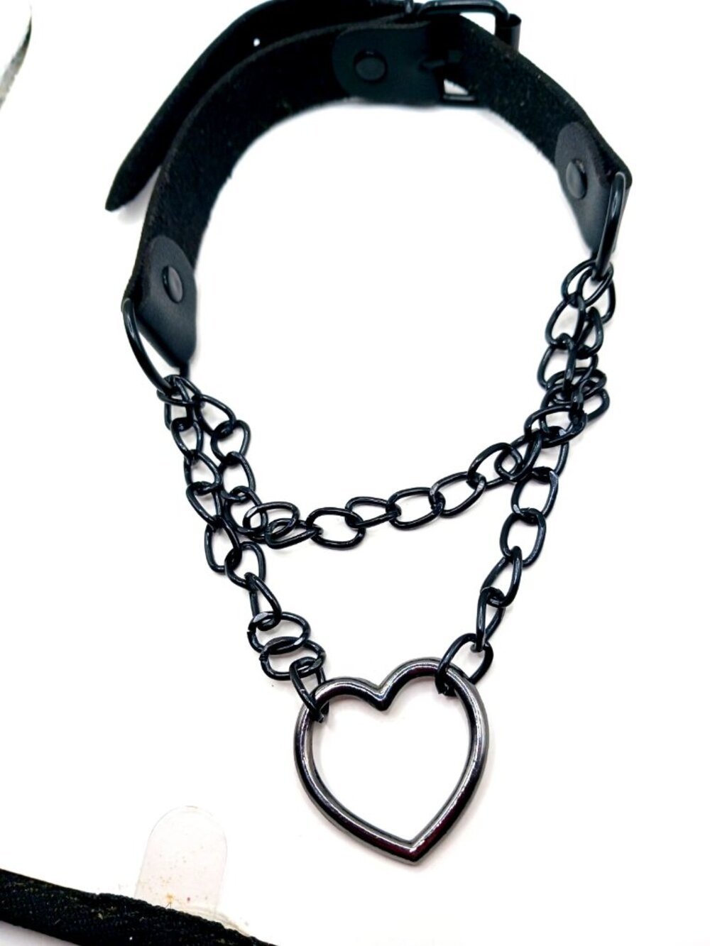 Gothic Double Black Chain Heart Choker-Necklace Vegan Leather-Black